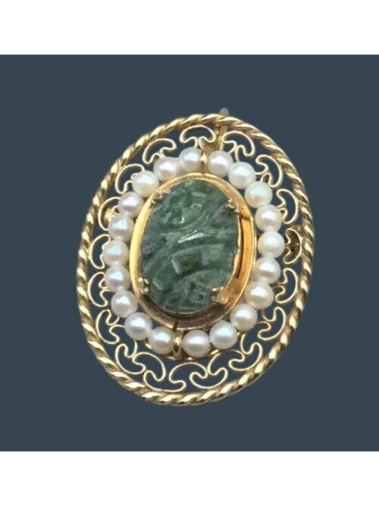 Winard Jewelry - Winard Brooch 1/20 12KGF Scarab Jade Seed Pearl Filigree Pin Pendant Vintage